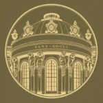 Stilisiertes Potsdam-Sanssouci-Logo mit Kuppel, Fenstern und Schriftzug von Schloss Sanssouci.
