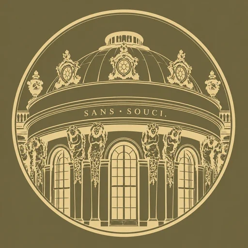 Stilisiertes Potsdam-Sanssouci-Logo mit Kuppel, Fenstern und Schriftzug von Schloss Sanssouci.