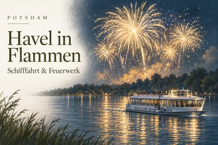 Illustration eines Fahrgastschiffs unter goldenem Feuerwerk mit dem Schriftzug „Havel in Flammen – Schifffahrt & Feuerwerk“.